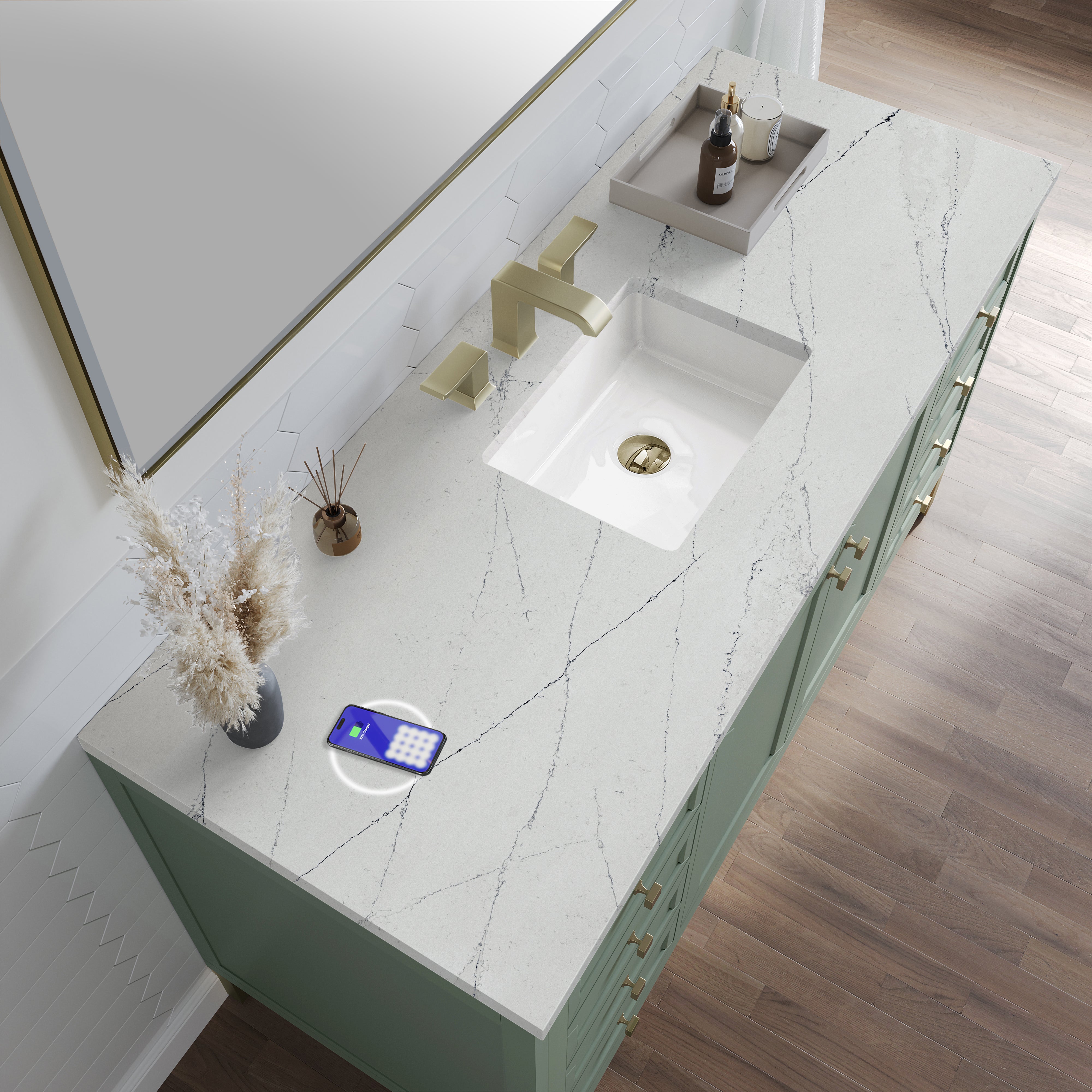 James Martin Chicago 60" Single Vanity in Smokey Celadon with 3cm Countertop and FreePower Wireless Charger