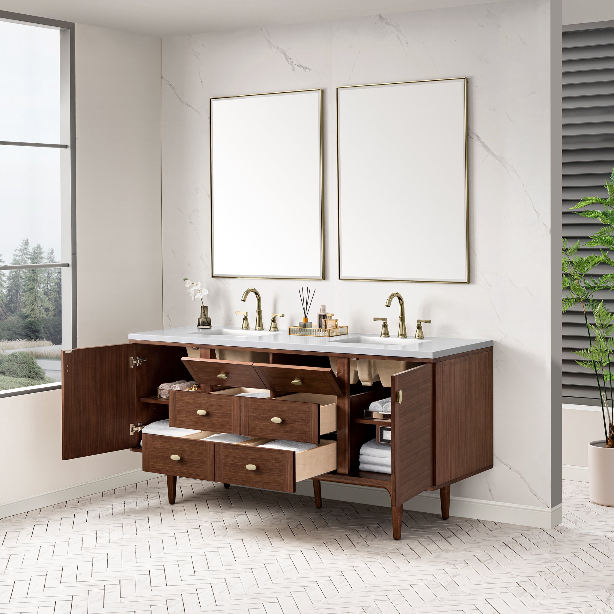 James Martin Amberly 72" Double Vanity in Mid-Century Walnut with 3cm Countertop