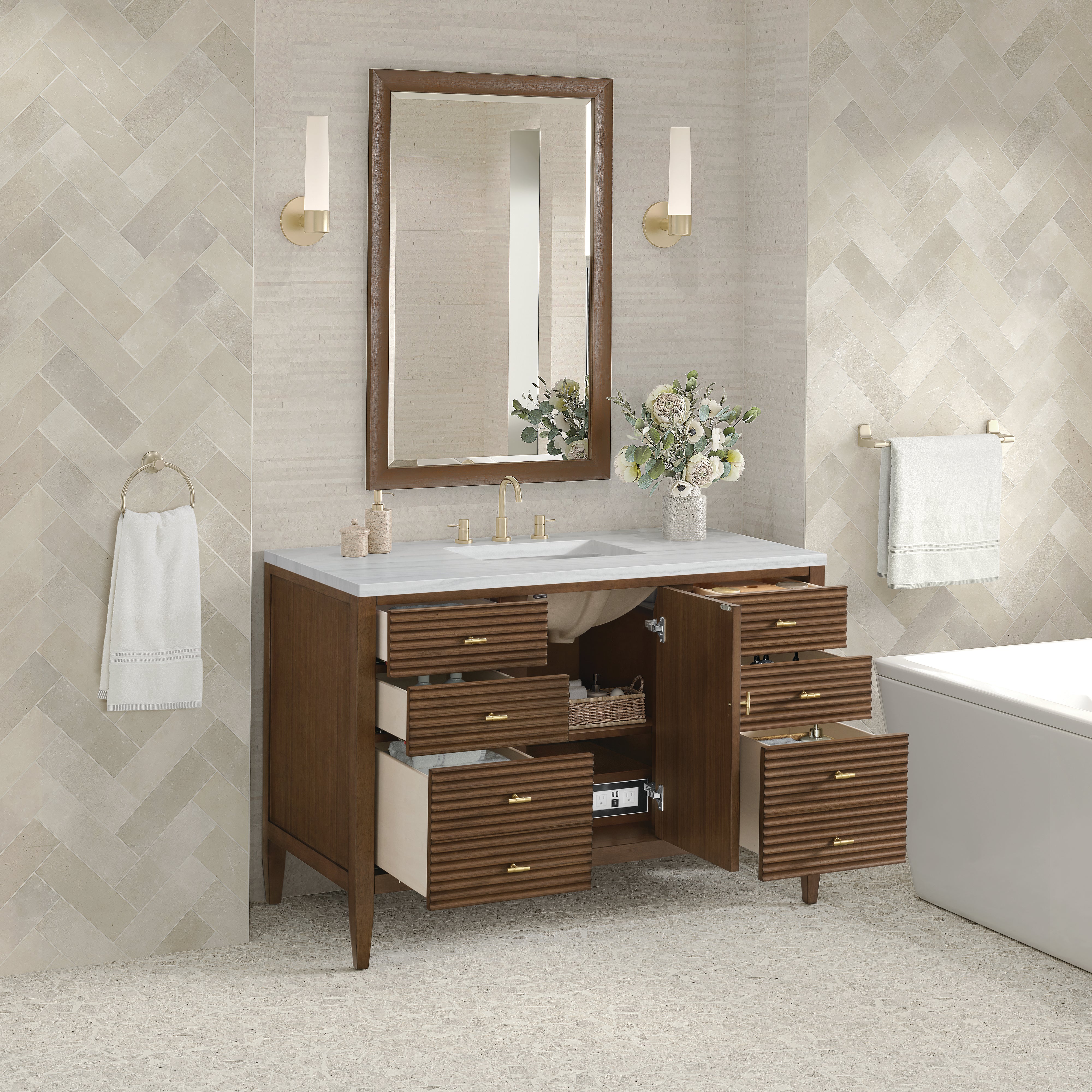 James Martin Myrrin 48" Single Vanity in Mid Century Walnut with 3cm Countertop