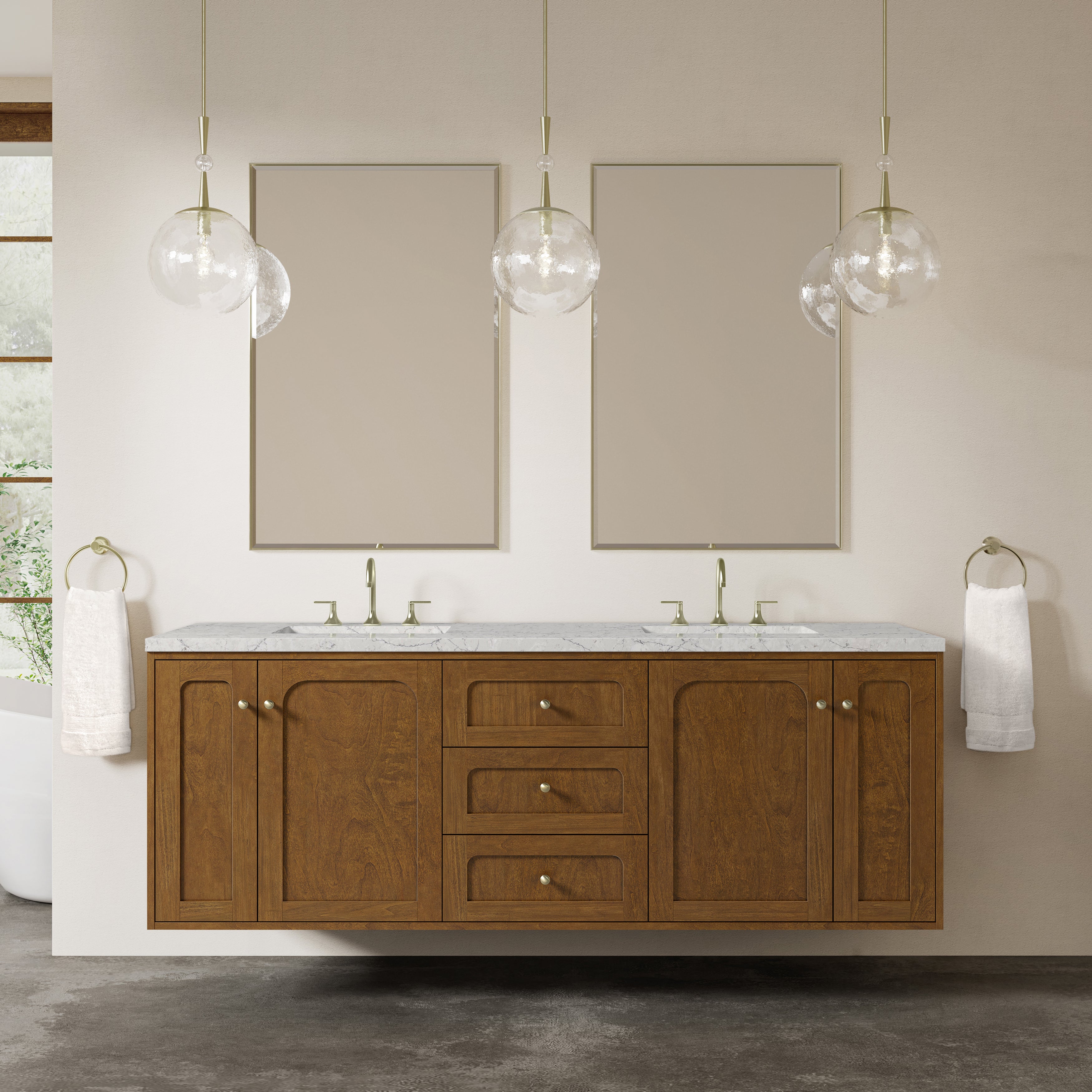 James Martin Laurent 72" Double Vanity in Honey Oak with 3cm Countertop and FreePower Wireless Charger