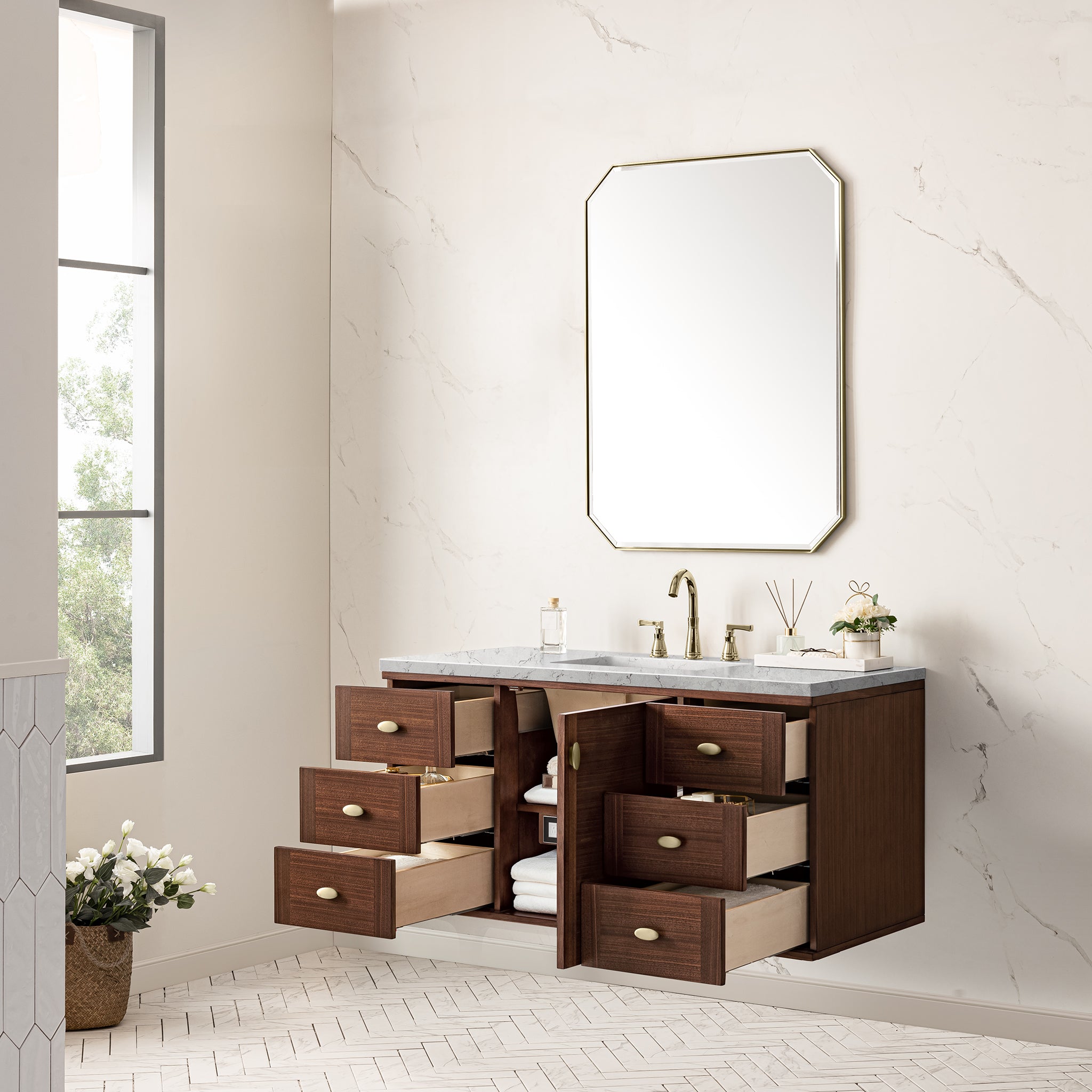 James Martin Amberly 48" Single Vanity in Mid-Century Walnut with 3cm Countertop and FreePower Wireless Charger