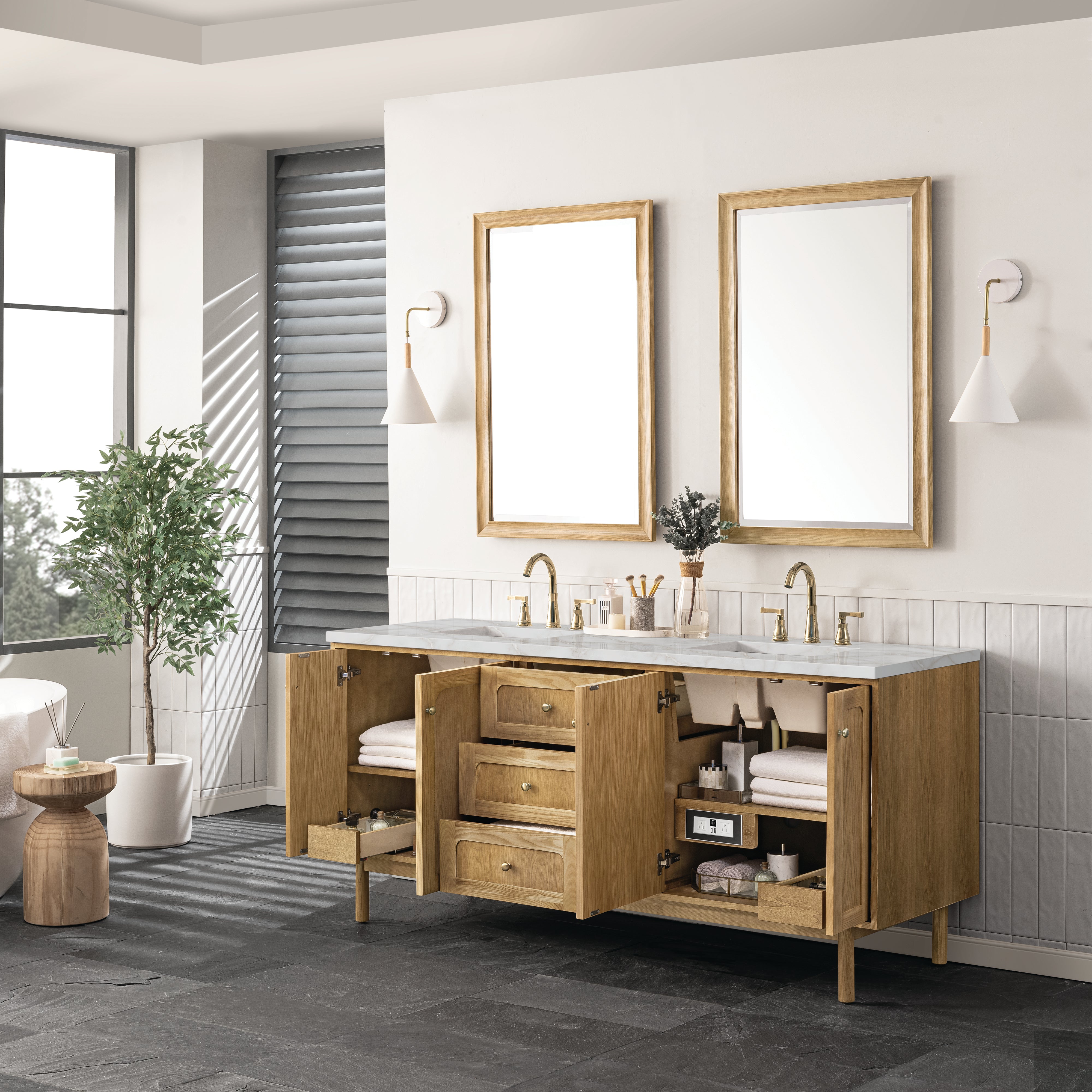 James Martin Laurent 72" Double Vanity in Light Natural Oak with 3cm Countertop and FreePower Wireless Charger