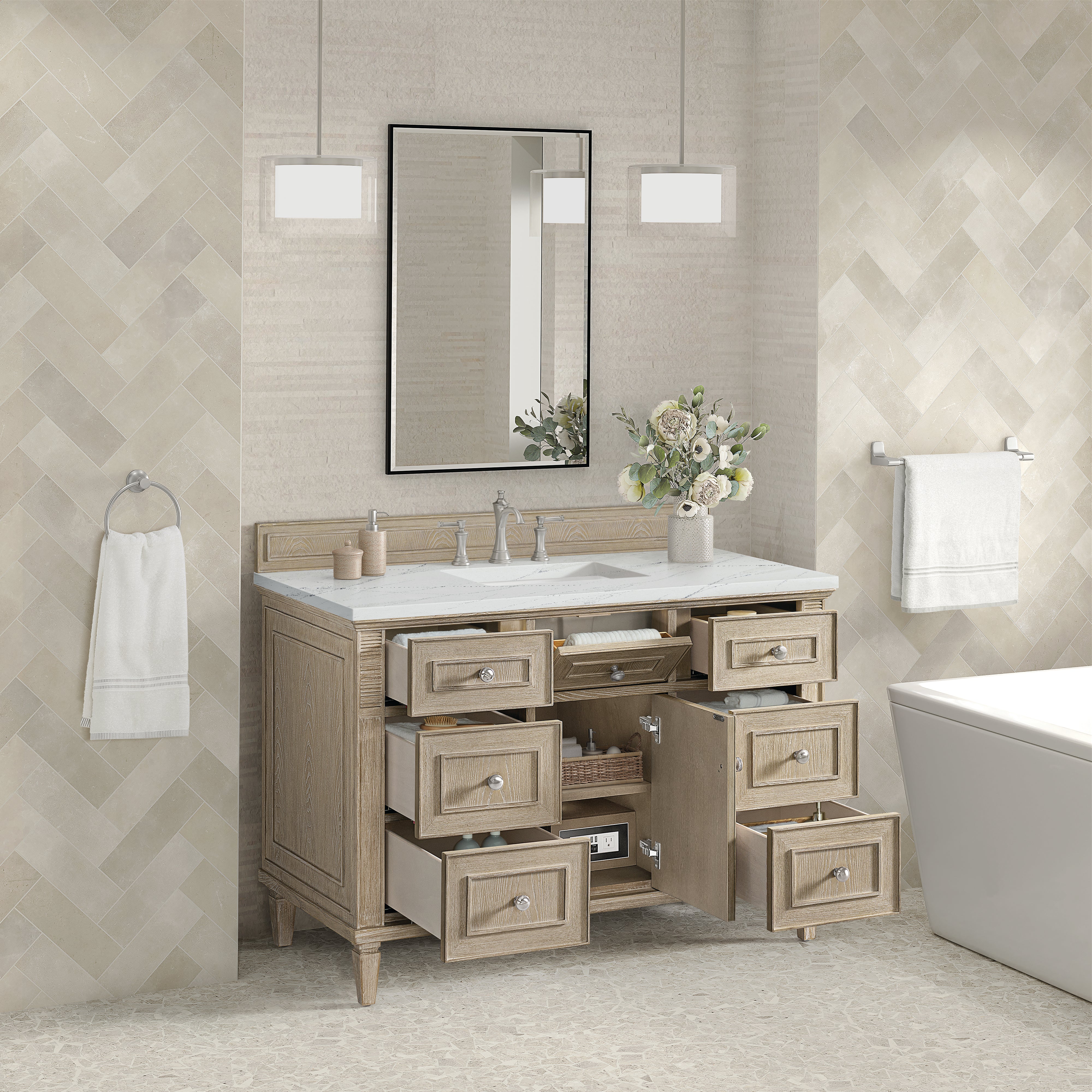 James Martin Lorelai 48" Single Vanity in Whitewashed Oak with 3cm Countertop and FreePower Wireless Charger