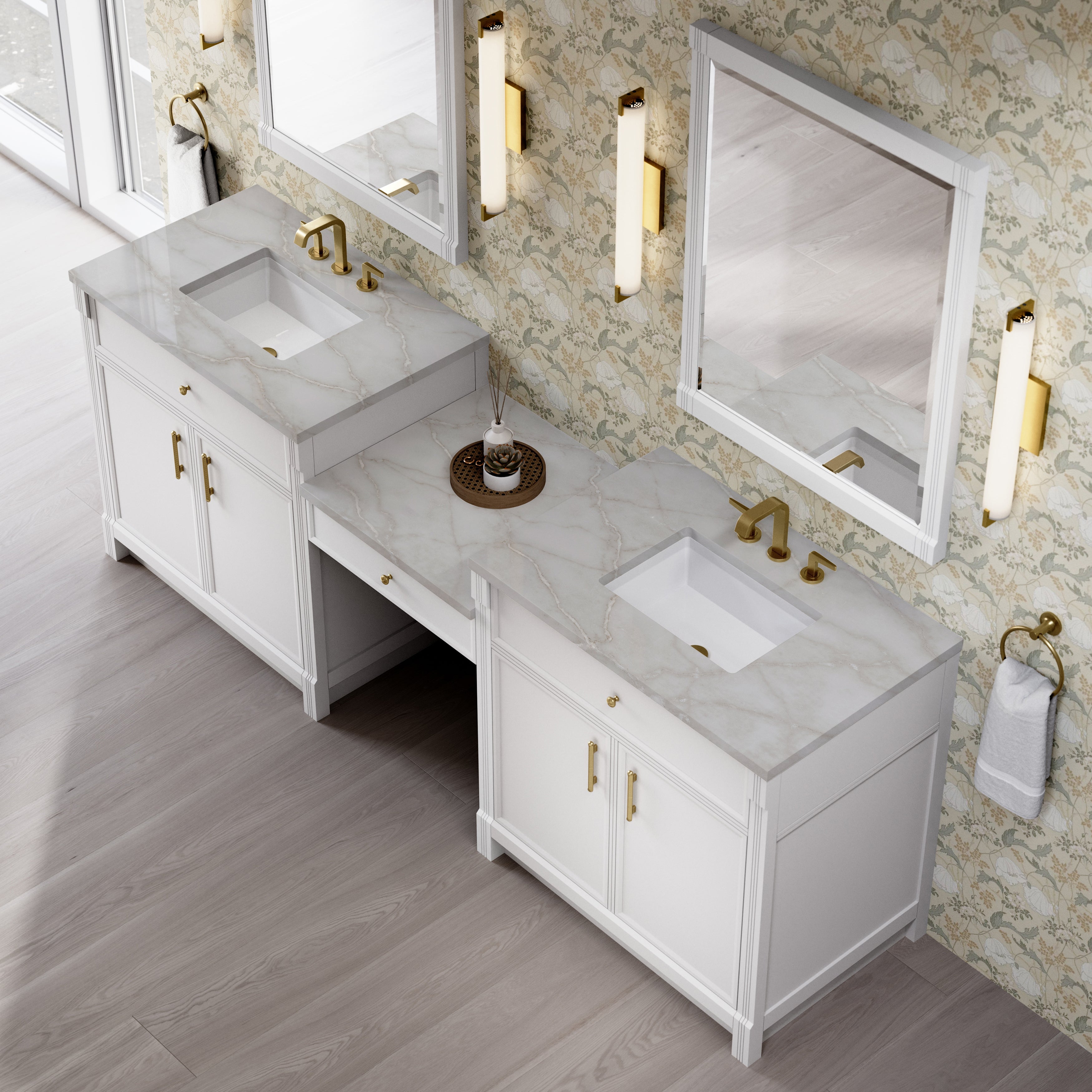James Martin Bellshire 96" Dual Vanity Set with 24" Make-Up Counter in Bright White with 3cm Countertop