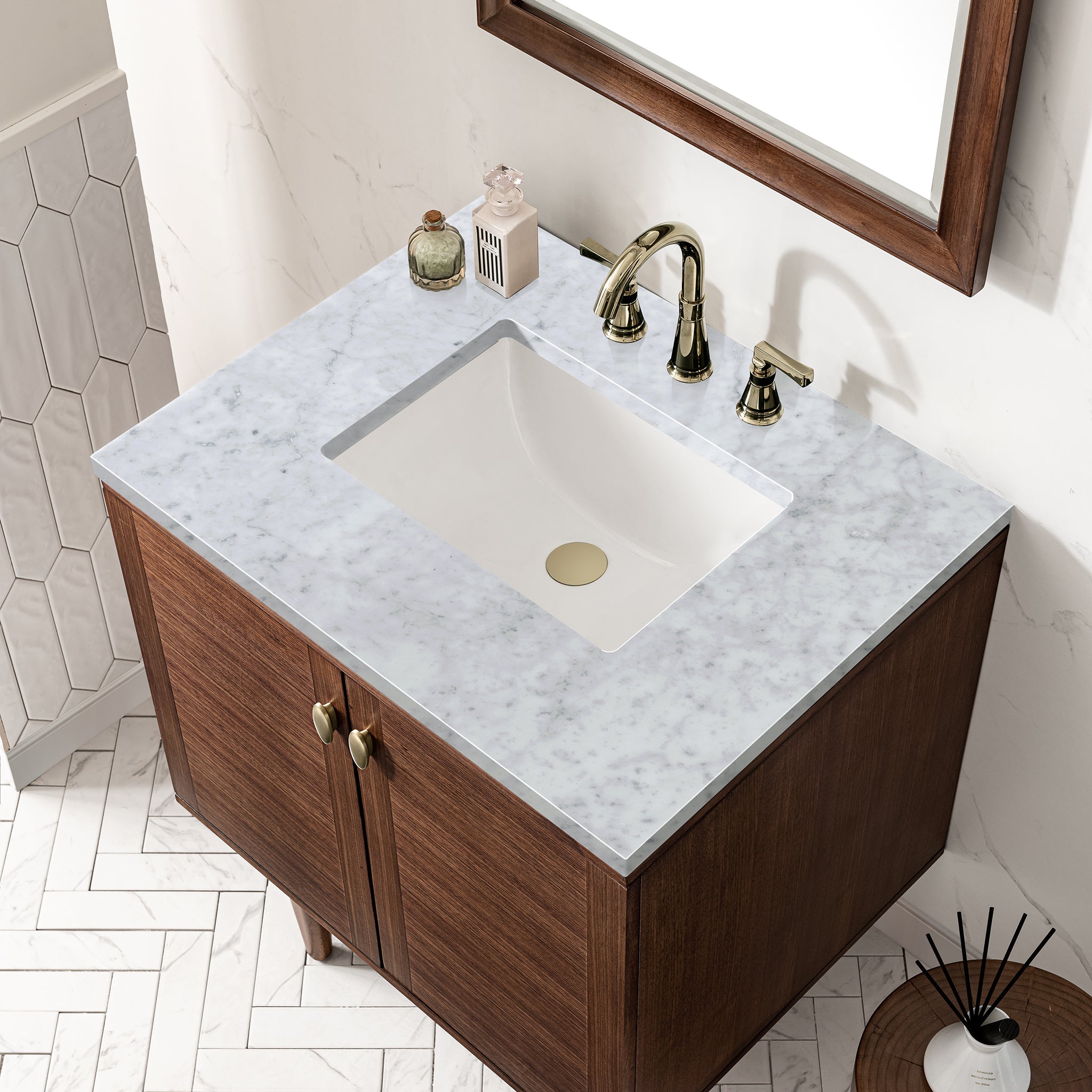 James Martin Amberly 30" Single Vanity in Mid-Century Walnut with 3cm Countertop