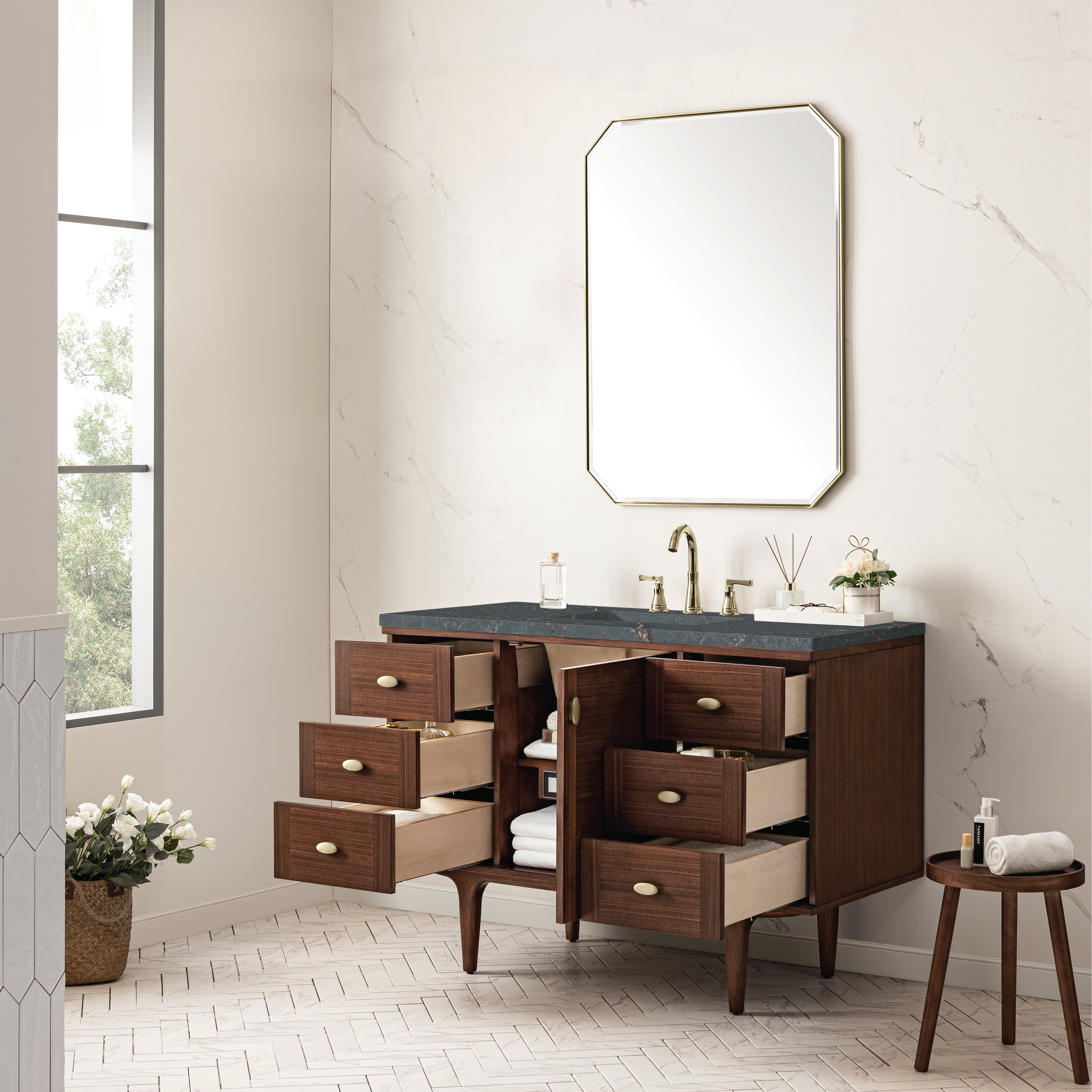 James Martin Amberly 48" Single Vanity in Mid-Century Walnut with 3cm Countertop and FreePower Wireless Charger