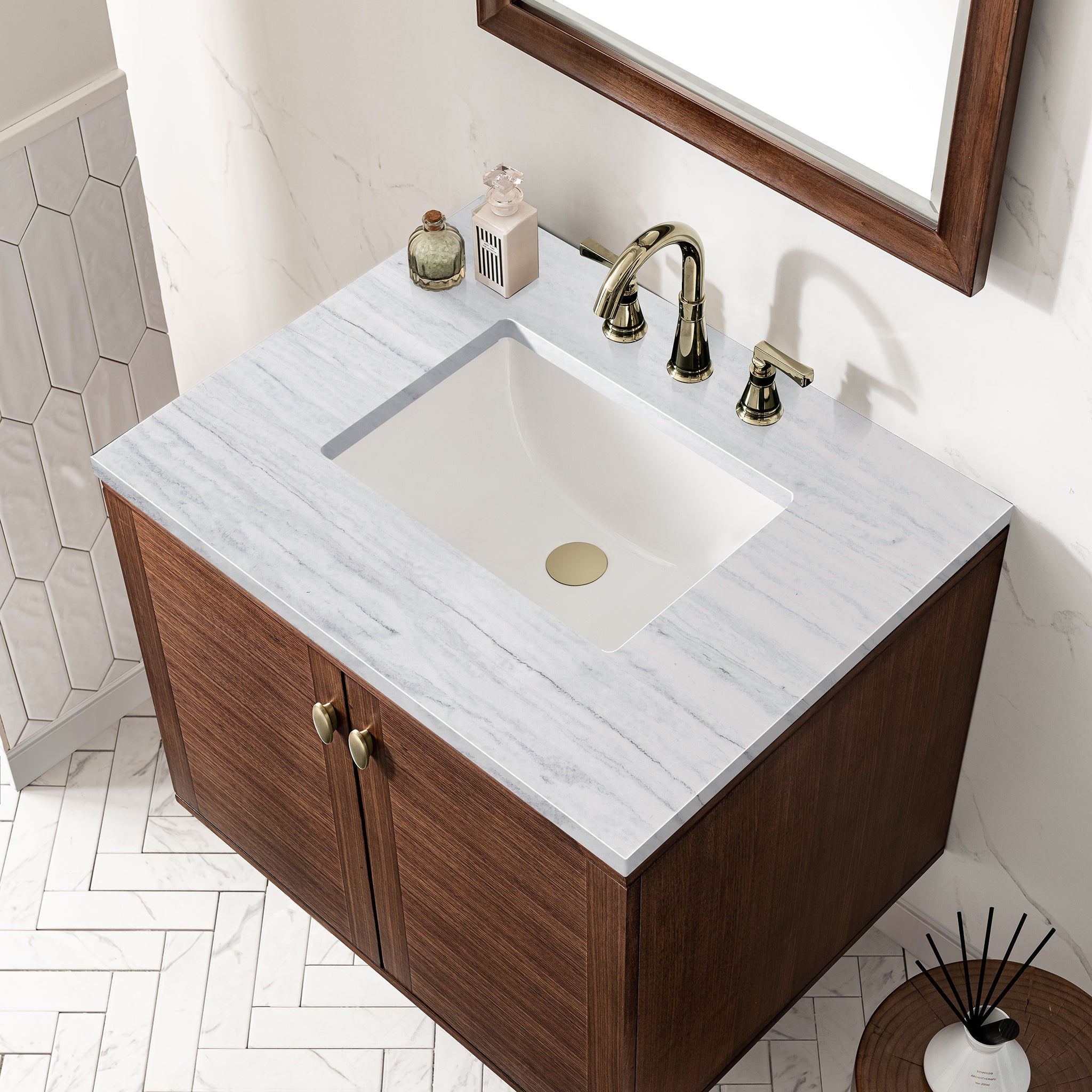 James Martin Amberly 30" Single Vanity in Mid-Century Walnut with 3cm Countertop