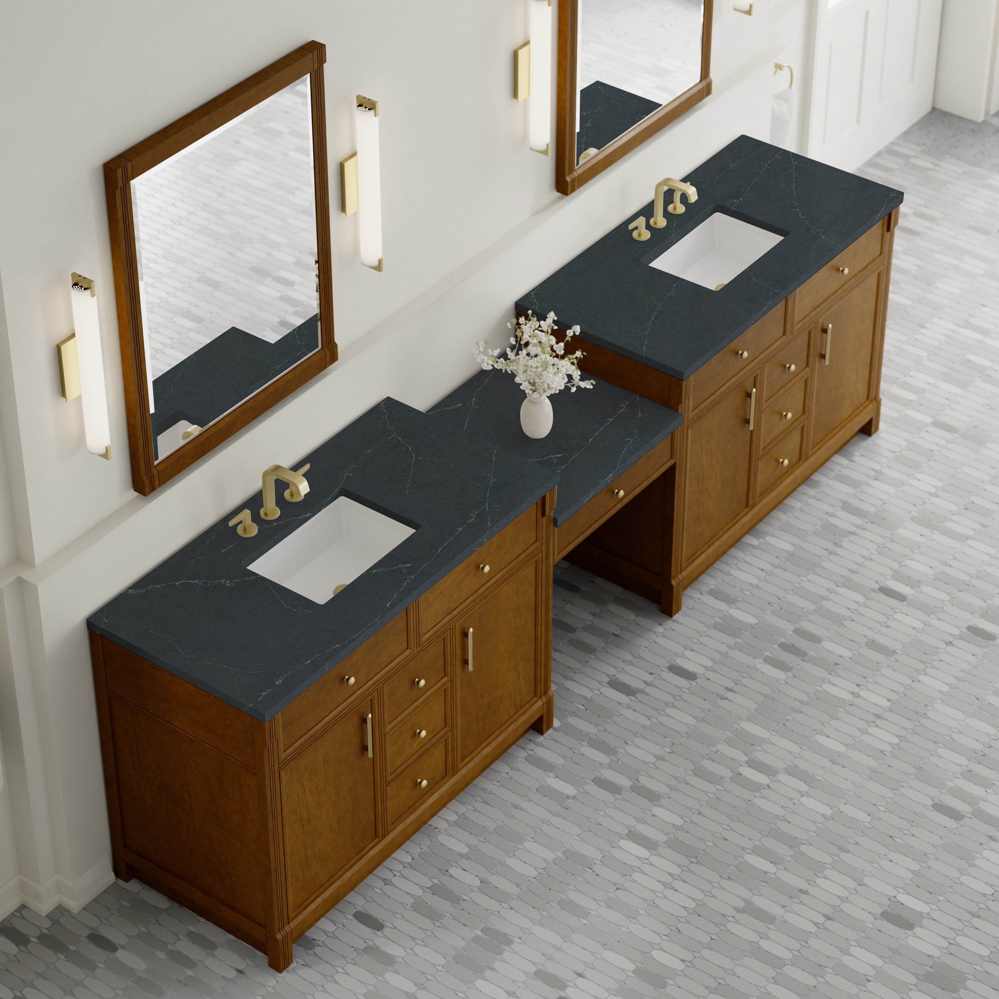 James Martin Bellshire 120" Dual Vanity Set with 24" Make-Up Counter in Honey Oak with 3cm Countertop