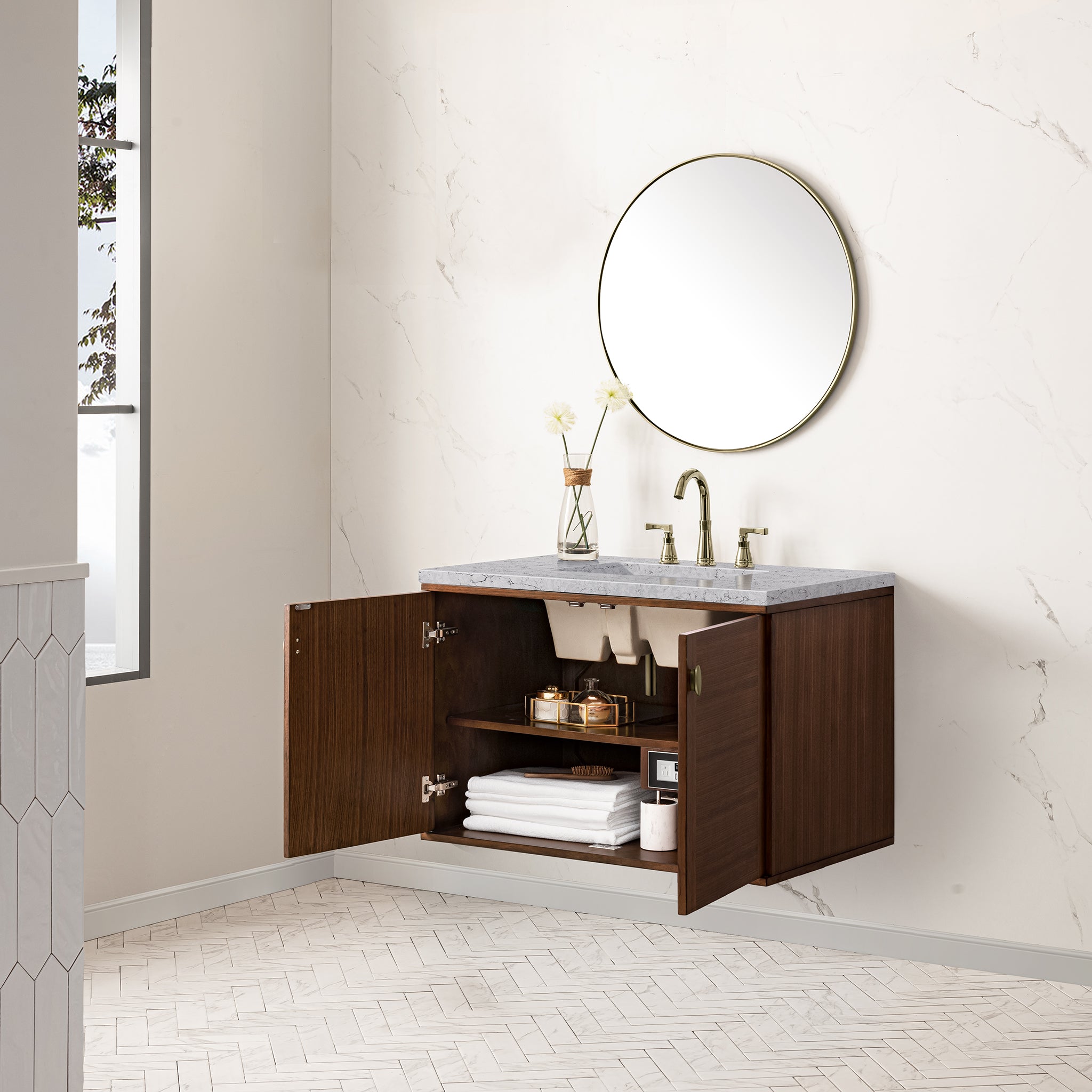 James Martin Amberly 36" Single Vanity in Mid-Century Walnut with 3cm Countertop