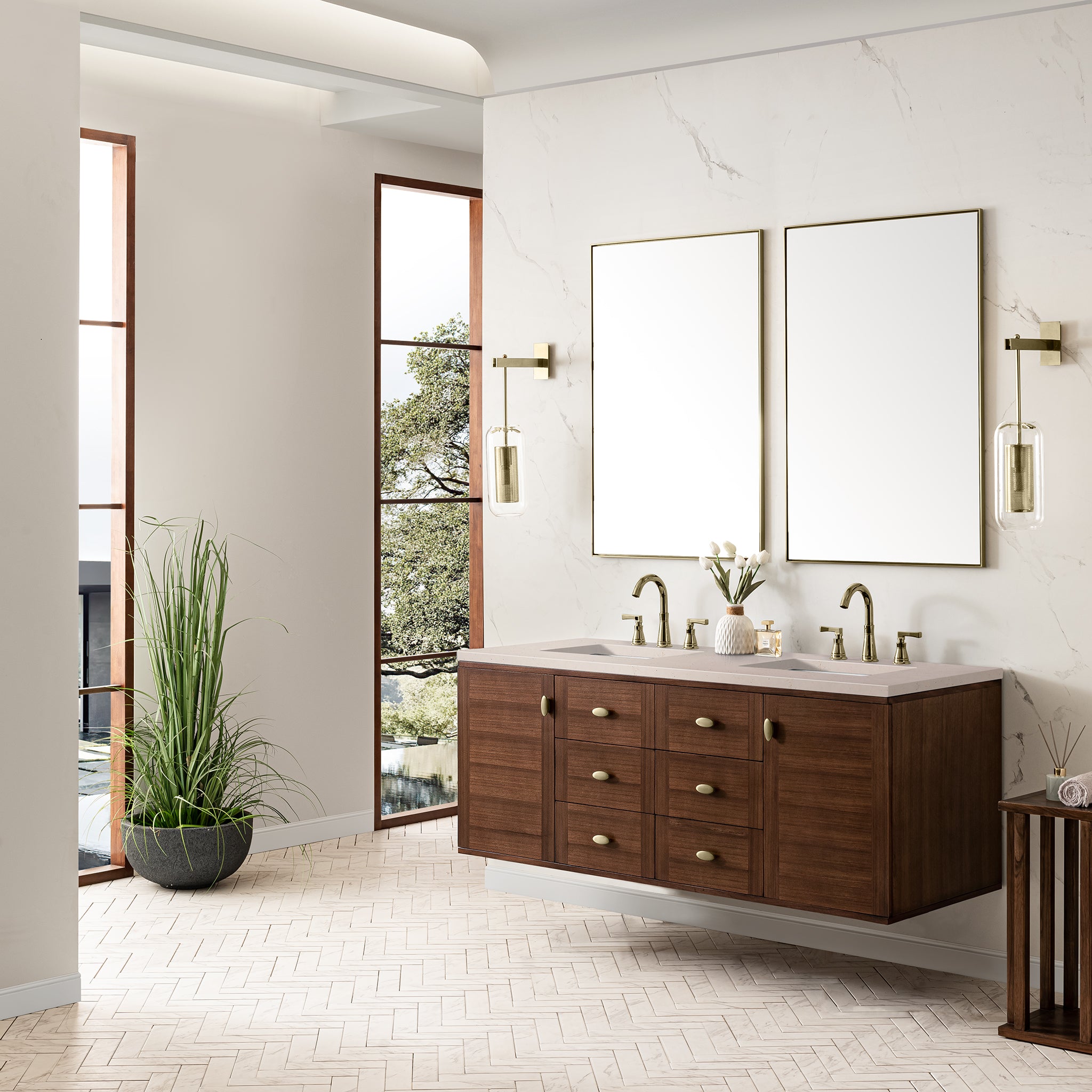 James Martin Amberly 60" Double Vanity in Mid-Century Walnut with 3cm Countertop