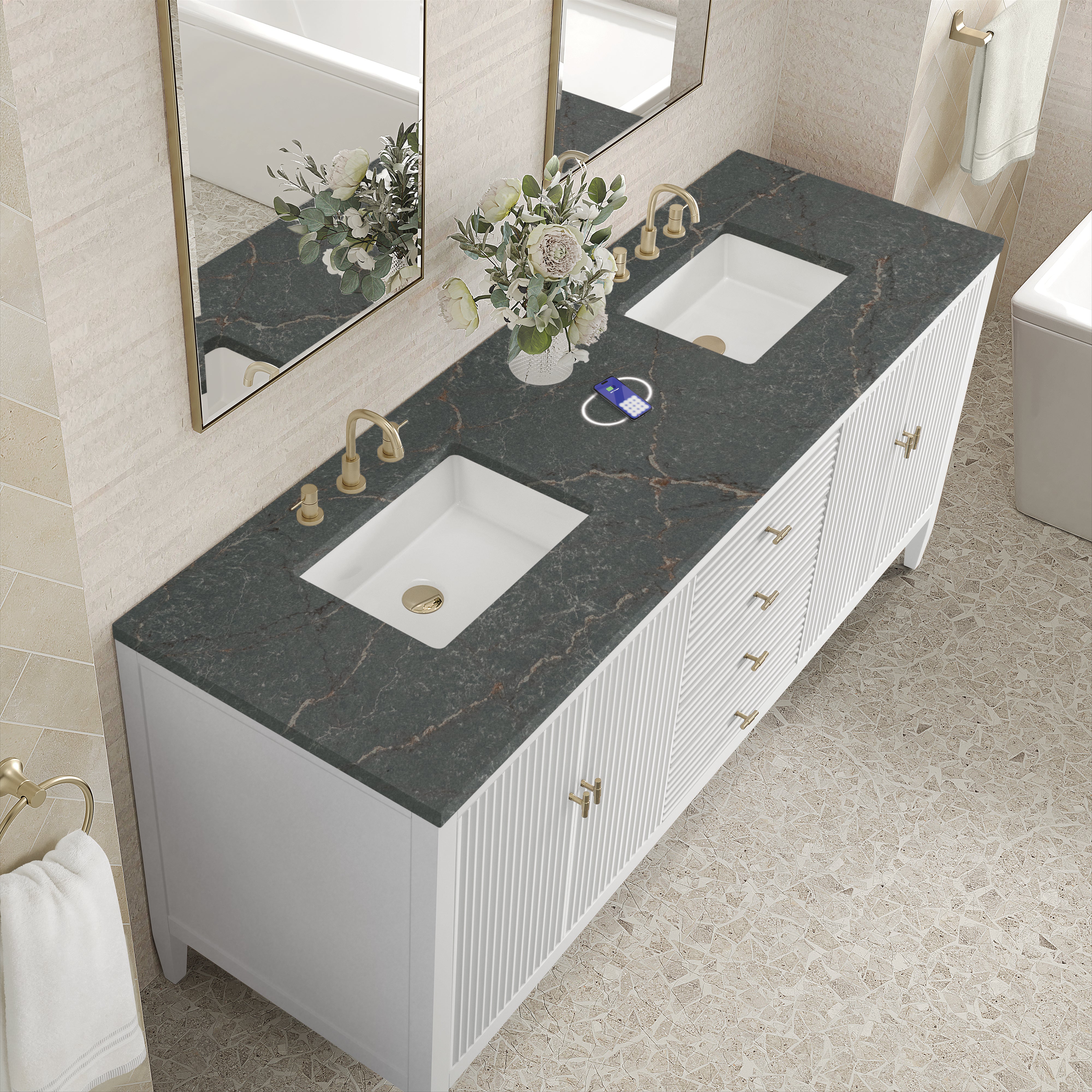 James Martin Myrrin 72" Double Vanity in Bright White with 3cm Countertop and FreePower Wireless Charger