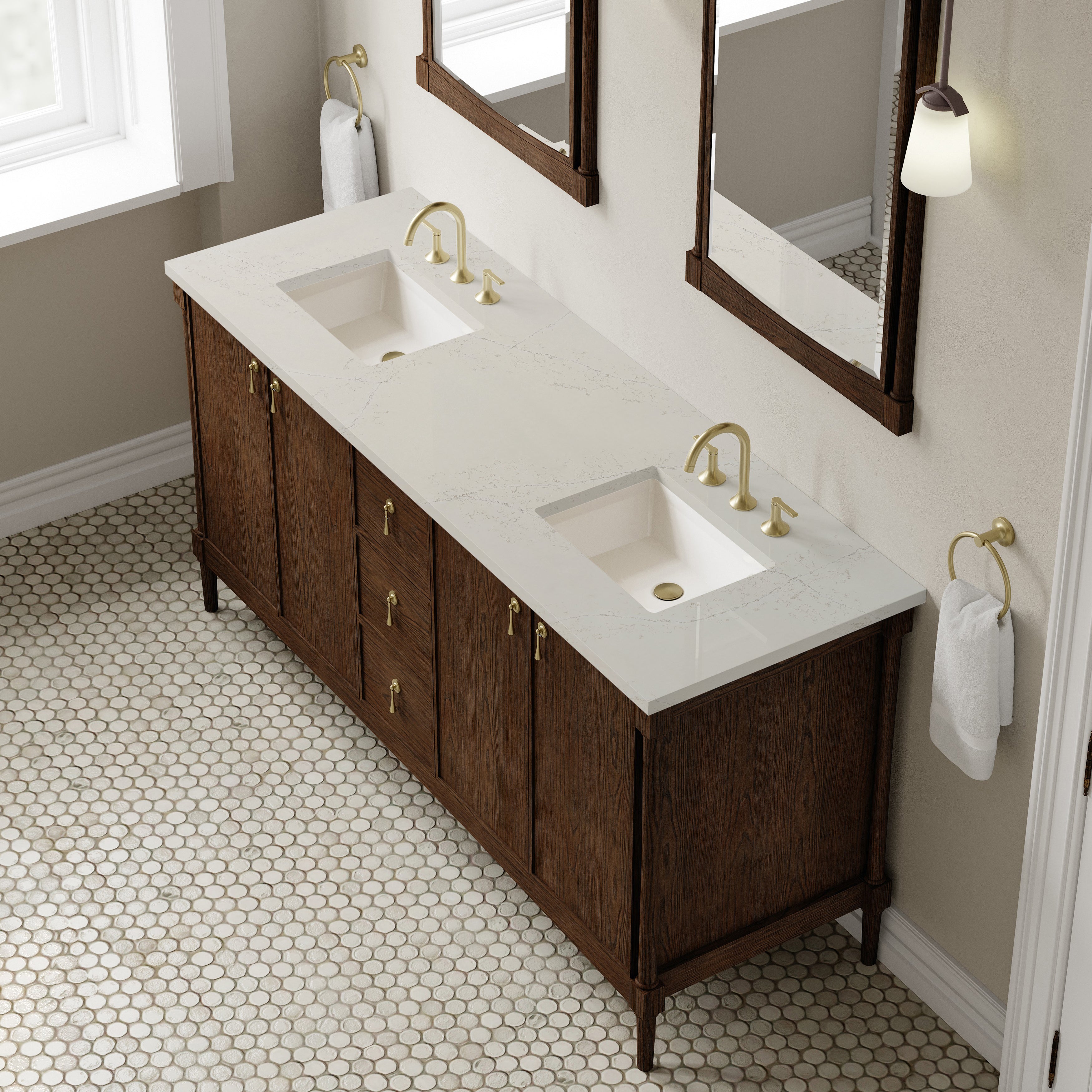 James Martin Kinnsden 72" Double Vanity in Sable Oak with 3cm Carrara Marble Top
