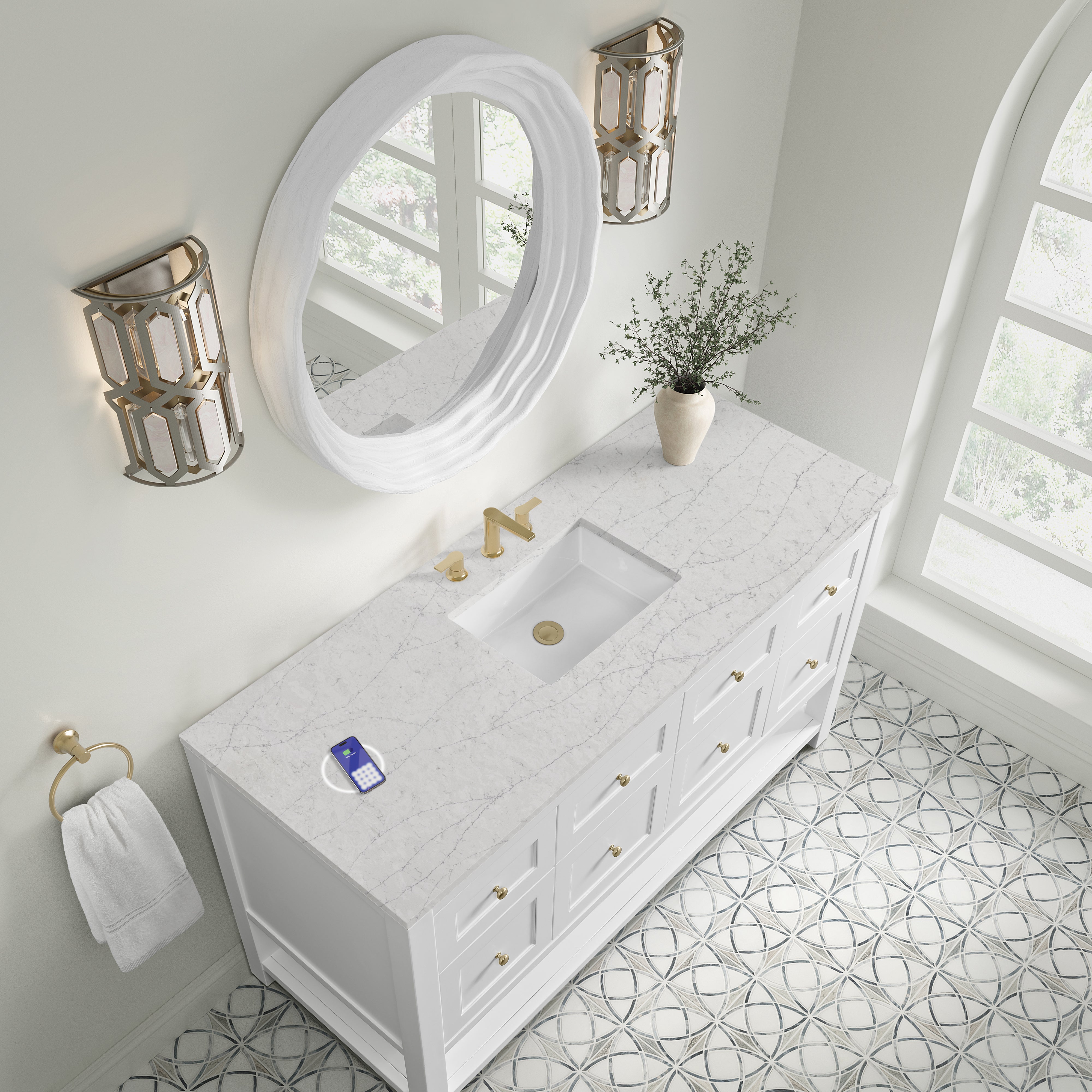 James Martin Breckenridge 60" Single Vanity in Bright White with 3cm Countertop and FreePower Wireless Charger