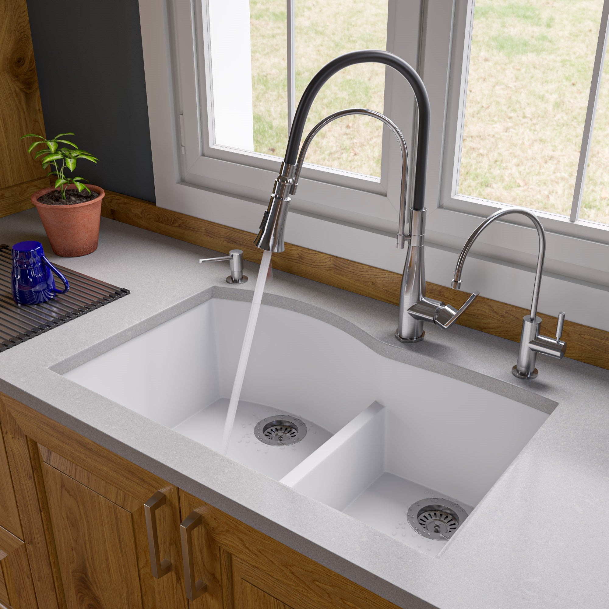 ALFI brand AB3320UM 33" Double Bowl Undermount Granite Composite Kitchen Sink