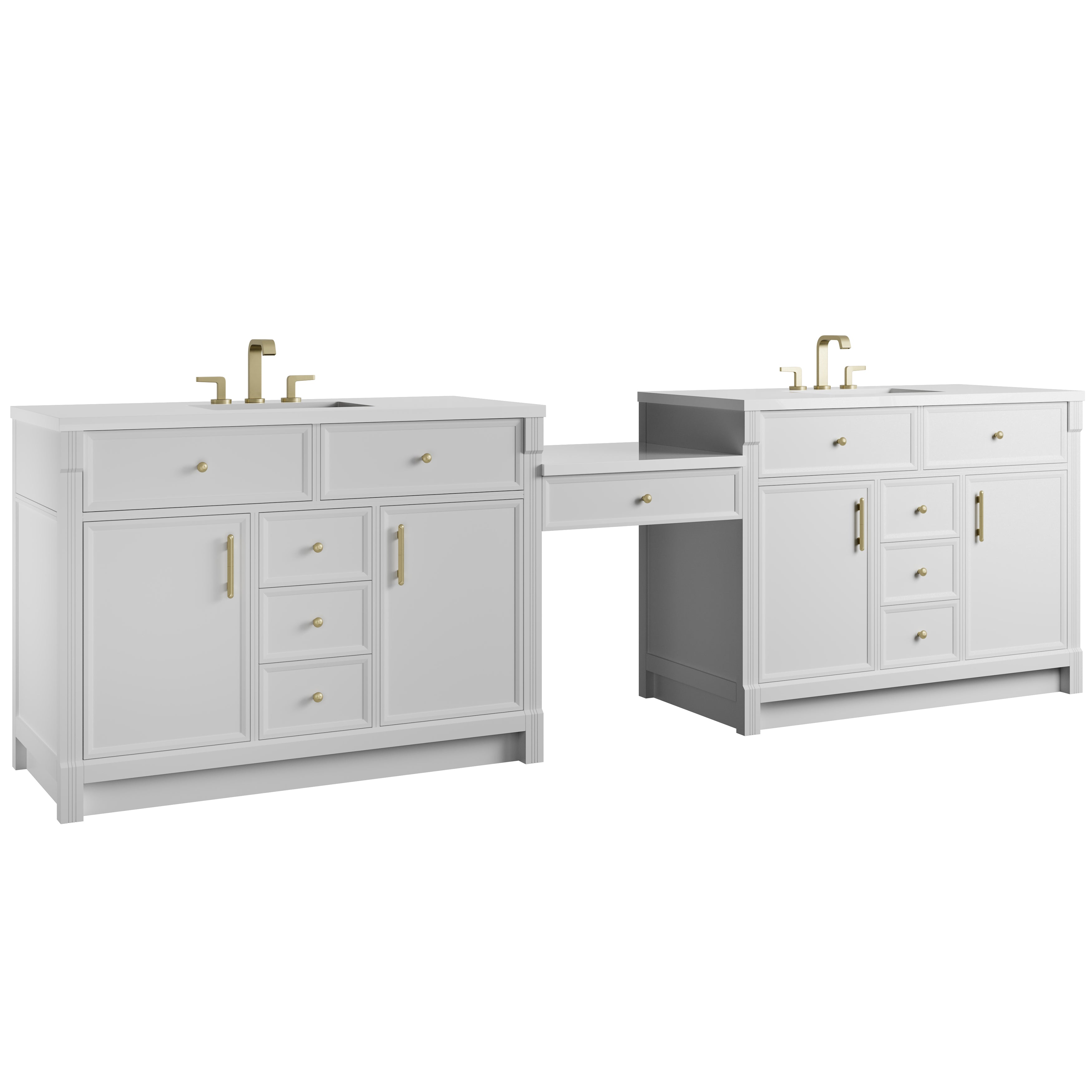James Martin Bellshire 120" Dual Vanity Set with 24" Make-Up Counter in Bright White with 3cm Countertop