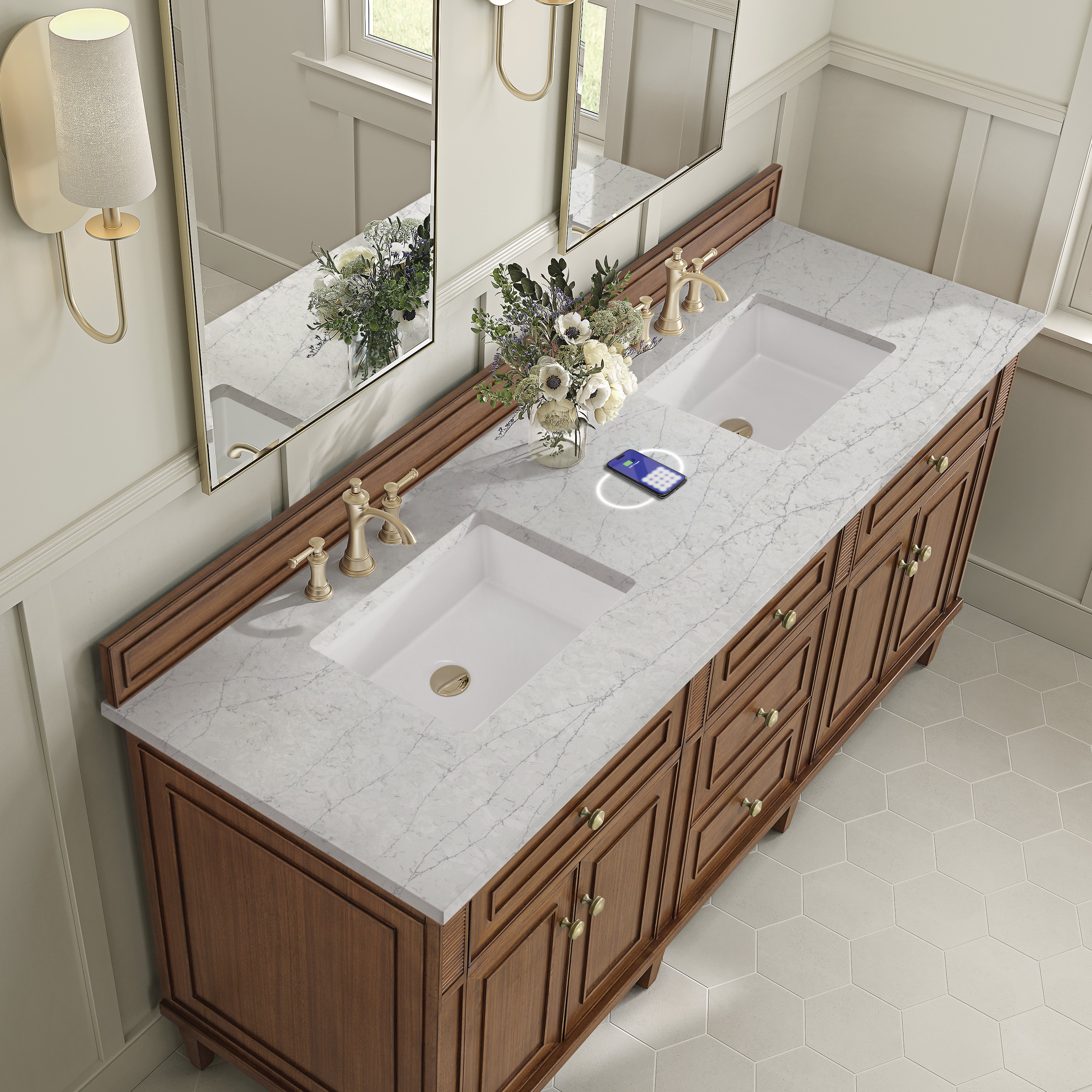 James Martin Lorelai 72"Double Vanity in Mid-Century Walnut with 3cm Countertop and FreePower Wireless Charger
